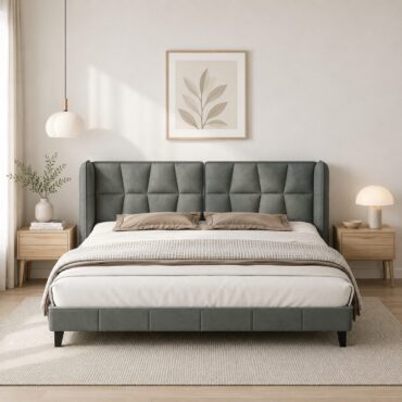 Herning Double Bed 180x200 cm – Grey Velvet with Padded Headboard
