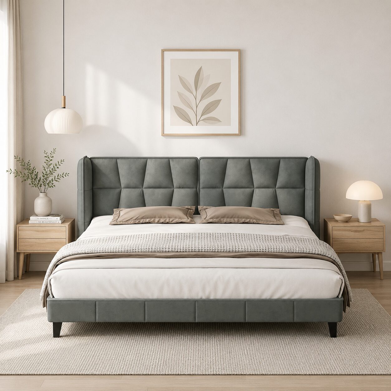 Herning Double Bed 180x200 cm – Grey Velvet with Padded Headboard