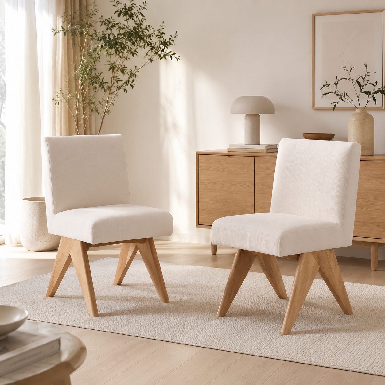 Skanör Dining Chairs, Beige Chenille with Solid Wooden Legs - Set of 2