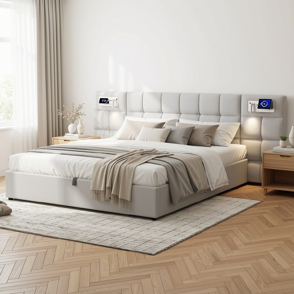 Taastrup Double Bed 180x200 cm with Storage, LED Lighting, and USB-C