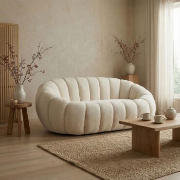 Horsens 2-Seater Sofa – Shell Design, Cream Bouclé Fabric