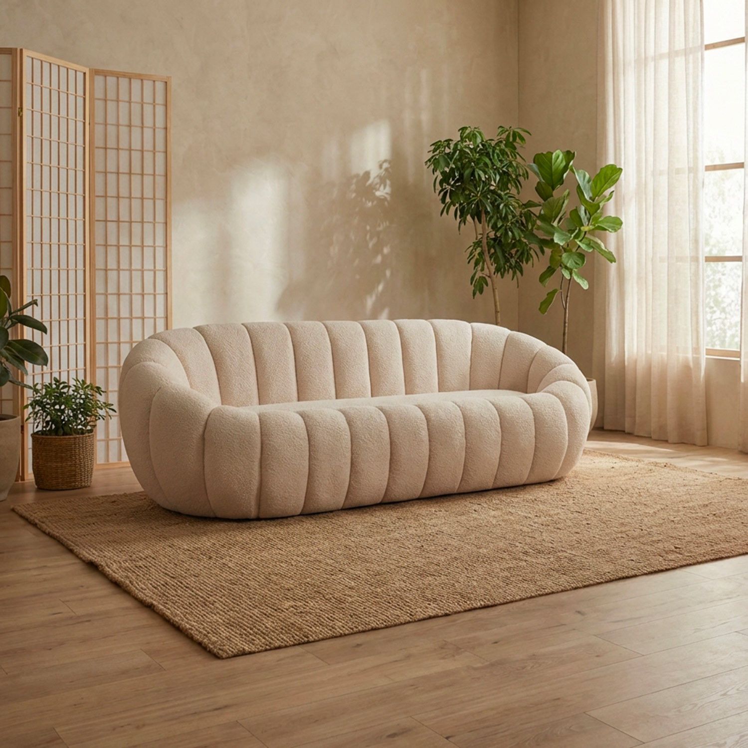 Horsens 3-Zitsbank – Schelpontwerp, Crème Bouclé Stof - Afbeelding 5