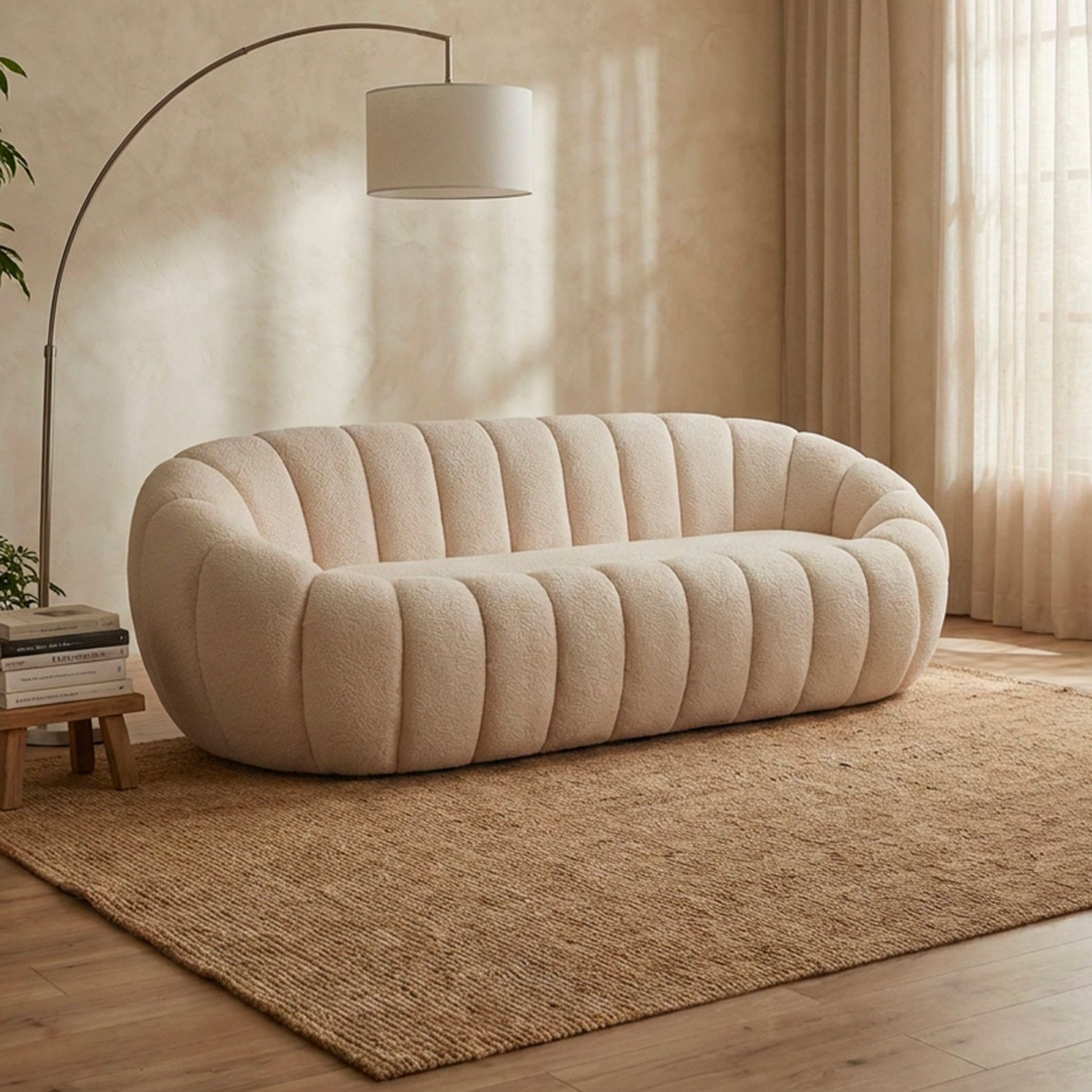 Horsens 3-Zitsbank – Schelpontwerp, Crème Bouclé Stof - Afbeelding 7