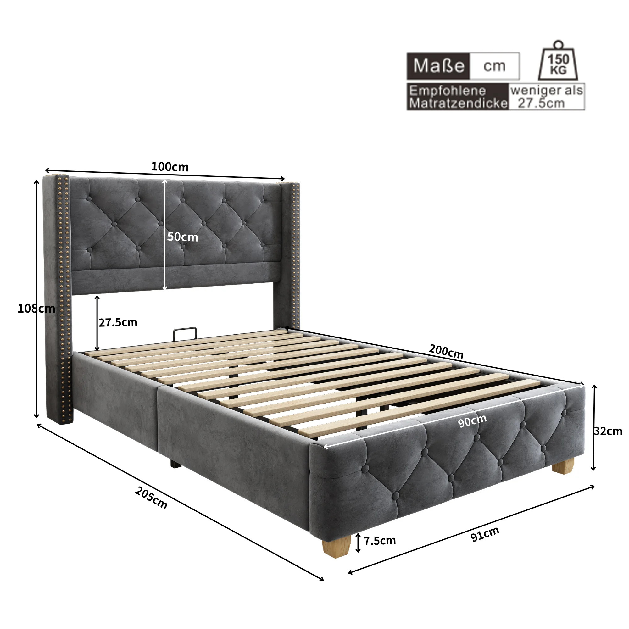 Odense Eenpersoonsbed 90x200 cm – Velours met Stevig Frame - Afbeelding 4