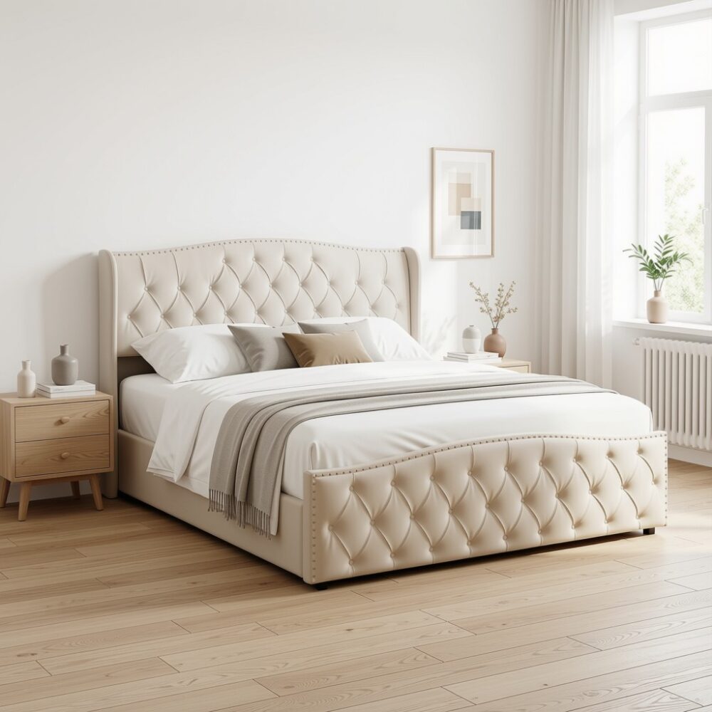 Vejle Velvet Double Bed 160 x 200 cm with Storage - Beige - Image 4